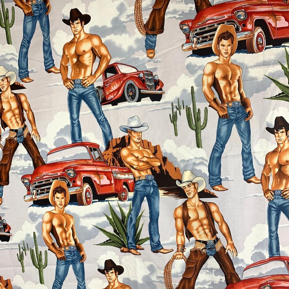 Alexander Henry Wranglers Shirtless Cowboys & Trucks Cotton Fabric 1 7/8 Yards